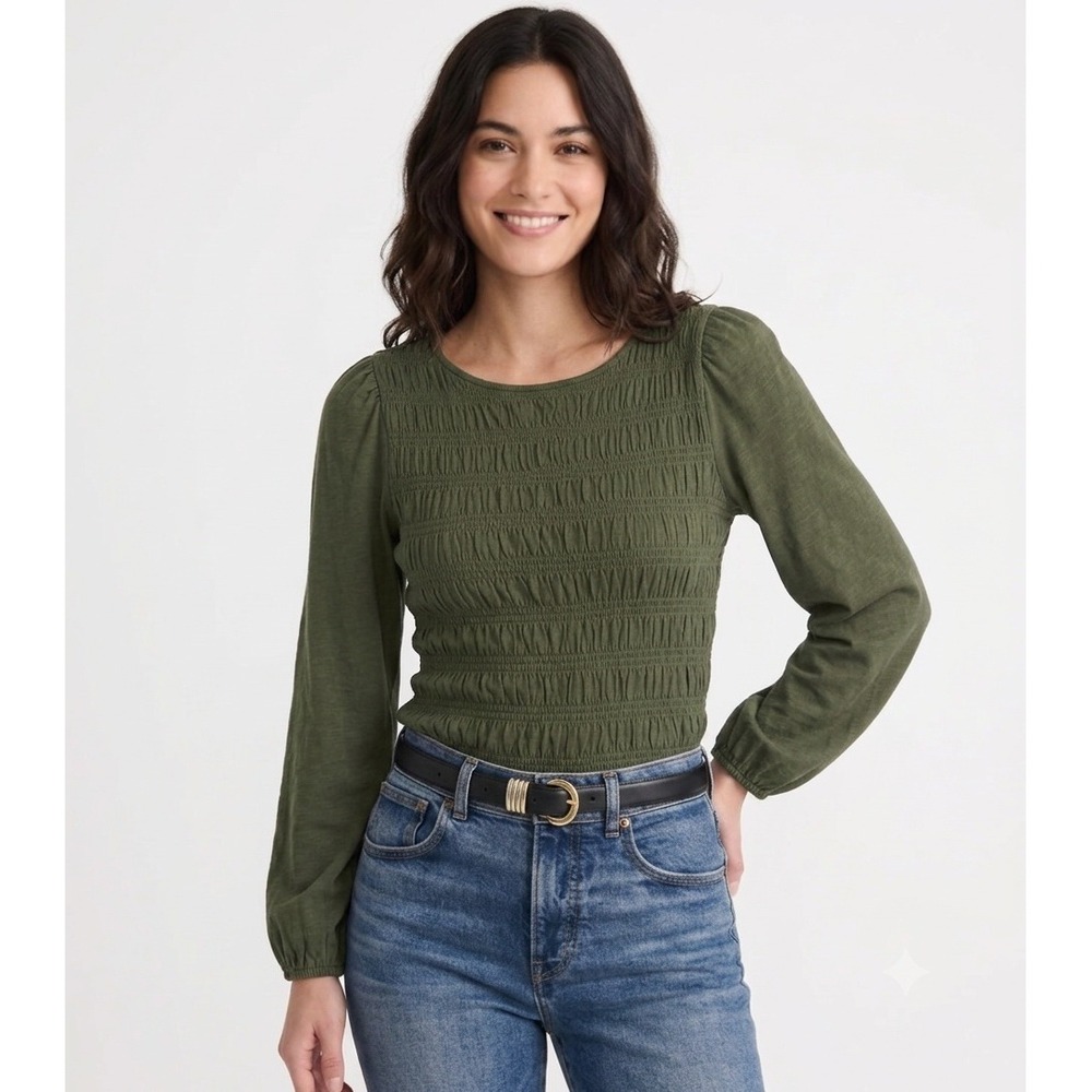 Madewell Shirt Large Smocked Boatneck Top Olive Green Puff Sleeve NY504